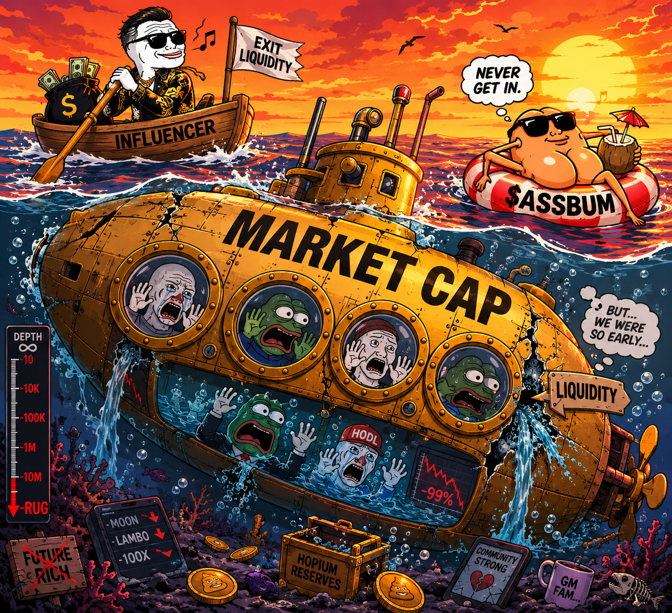 Influencer rowing away in a lifeboat labeled Exit Liquidity while a submarine labeled Market Cap sinks, and ASSBUM floats safely on an inflatable ring saying Never Get In