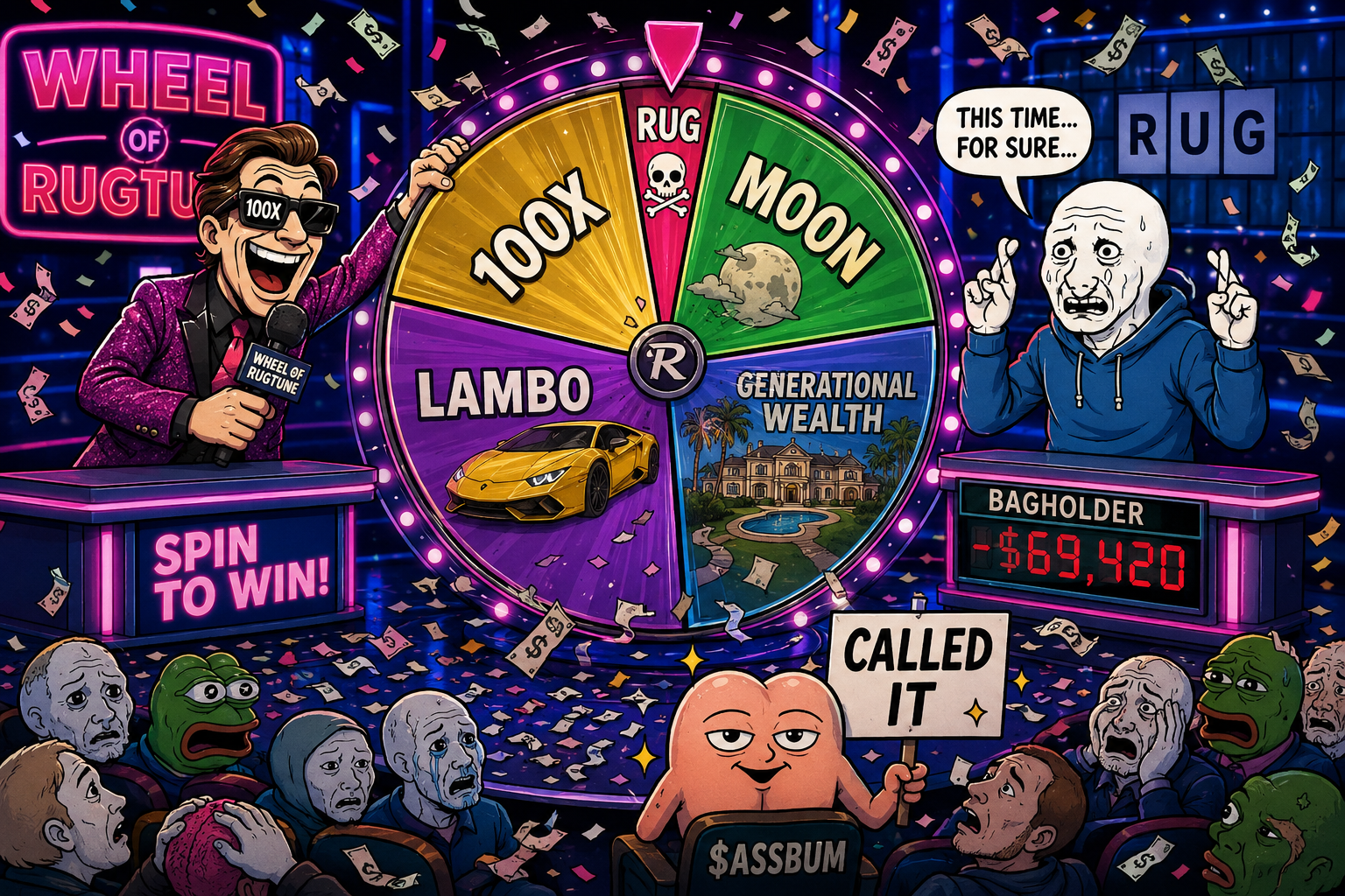 Wheel of Rugtune game show wheel landing on RUG while a bagholder loses $69,420 and ASSBUM holds a sign that says Called It