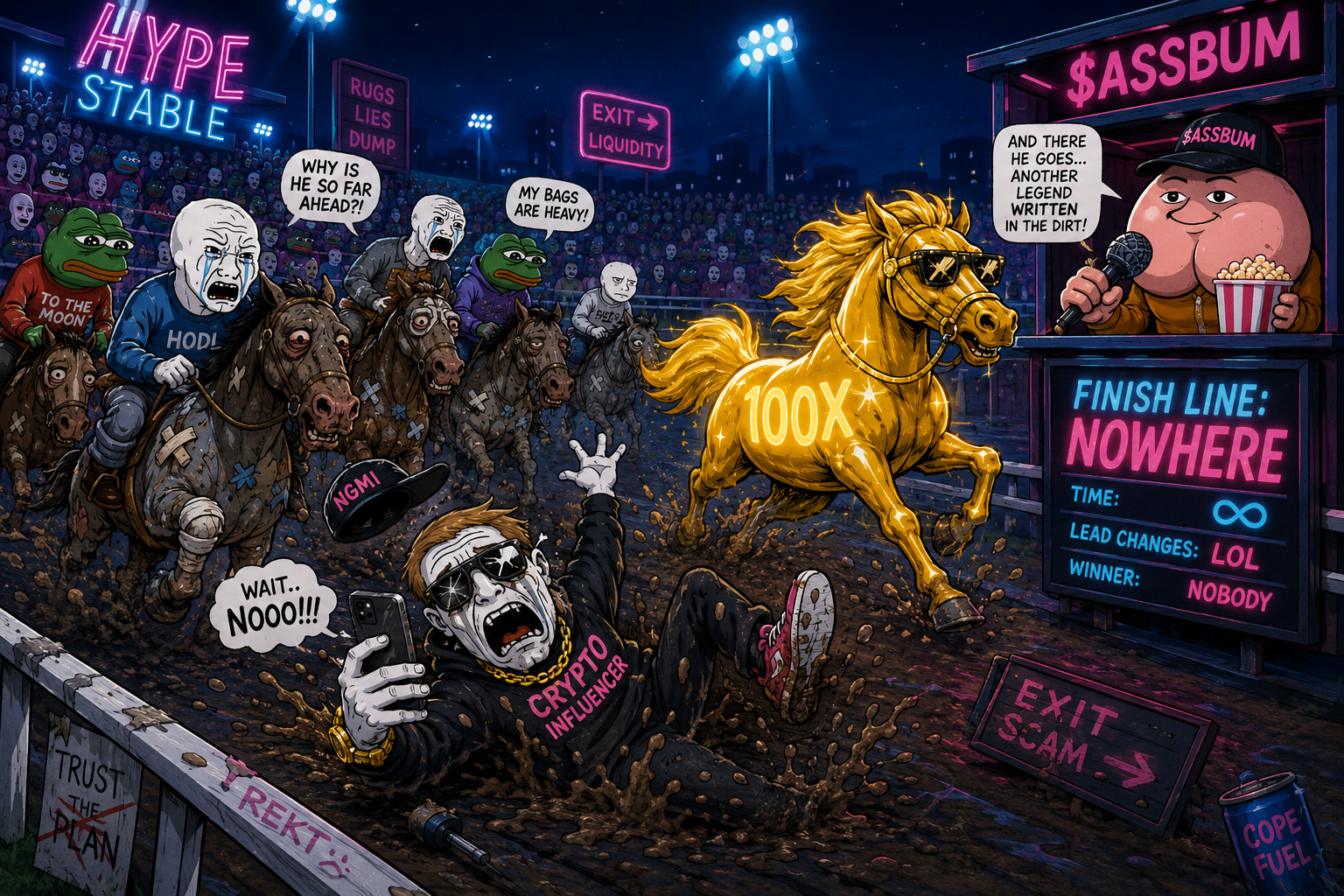 Crypto influencer falling face first in the mud during a horse race while a golden horse labeled 100X runs off, finish line reads Nowhere, winner Nobody